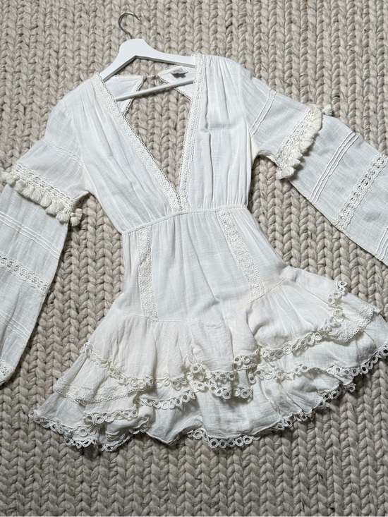 HEMANT & NANDITA Dresses & Skirts - HEMANT & NANDITA-Boho Lace Trim White Mini Dress